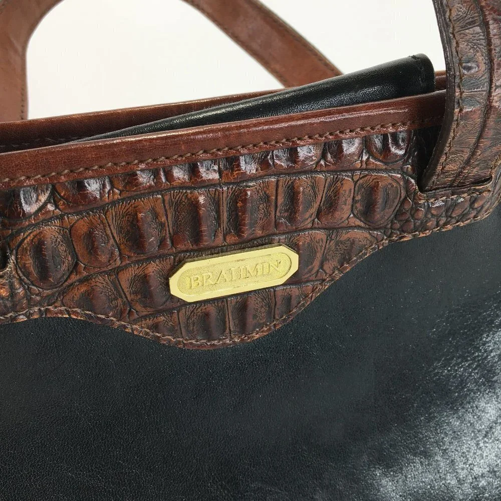 Brahmin Black and Brown Leather Croc Embossed Bucket Shoulder Hand Bag
